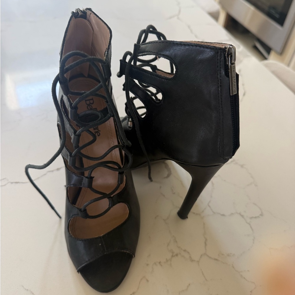 BCBG Black Lace-Up Peep Toe Stiletto Heels
